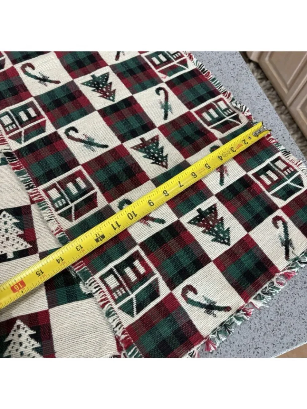 Vintage 90s 72” table runner Christmas woven tapestry check holiday Country
